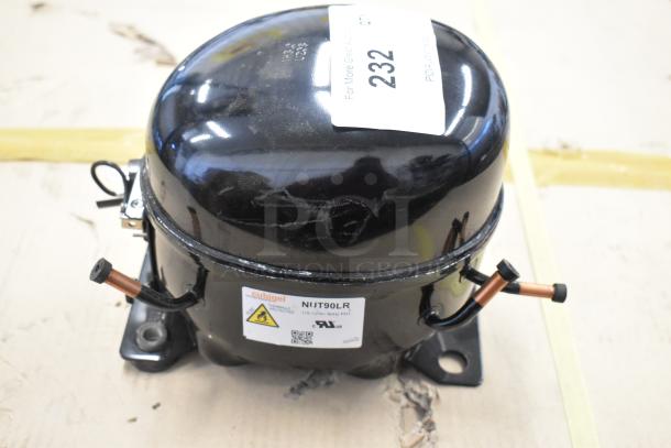 Cubigel NUT90LR compressor, 115-127V, 1 phase, with label showing model details and thermal protection warning.