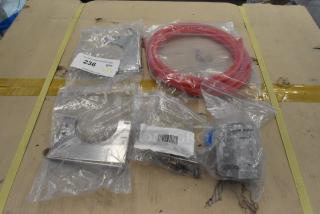 Five brand new scratch and dent items, including Dormont RV48CL gas regulator, metal. Quantity tag showing "236 QTY 5."