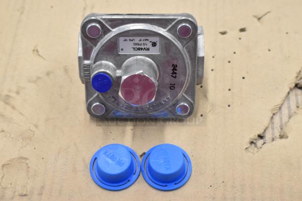 Dormont RV48CL gas regulator, metal, new condition, with two blue caps; label reads "1/2 PSI", "NAT. G."
