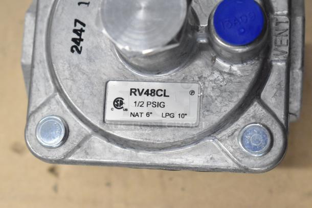Brand new Dormont RV48CL gas regulator, metal, 1/2 PSIG, NAT 6", LPG 10", C US certified, minor scratches and dents.