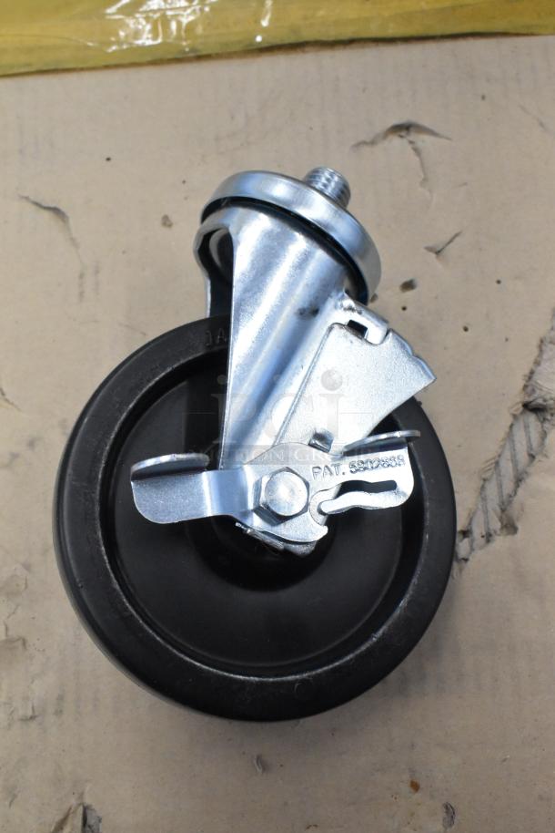 Box of 4 Southbend 1174265 6" casters for convection ovens, new condition, features a locking mechanism, patent number visible.