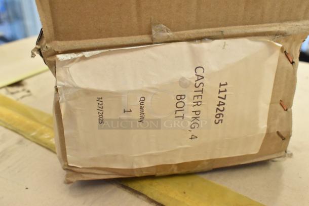 Box of 4 Southbend 1174265 6" casters for ovens/ranges, package labeled "Caster PKG, 4 BOLT", quantity 1, dated 3/27/2025.