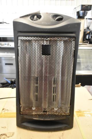 Living Zone BFGF-15D Quartz Heater, 115V, 1 Phase. Black, mesh front, mode and thermostat dials on top.