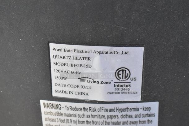 Living Zone BFGF-15D Quartz Heater label; 120V AC, 1500W, ETL listed, made by Wuxi Bote Electrical, model BFGF-15D.