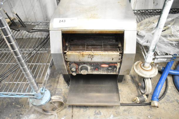 Hatco TQ-800HBA conveyor toaster oven, metal finish, visible wear, model and control panel shown, 208V, 1 phase.