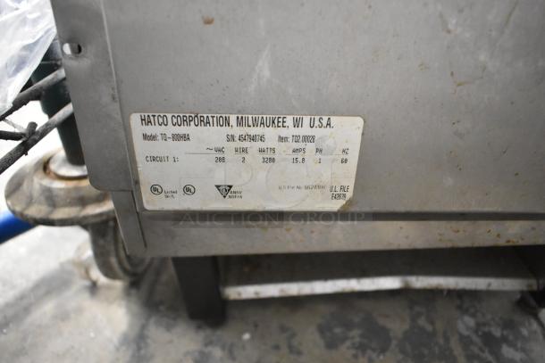 Hatco TQ-800HBA metal commercial conveyor toaster oven label, showing 208 volts, 1 phase, 3280 watts, and certifications.