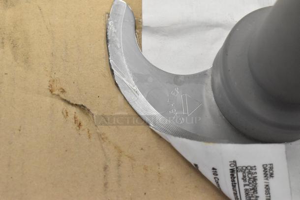 Food processor S blade marked "SABATIER" with engraved triangle on metal surface, pre-owned condition.