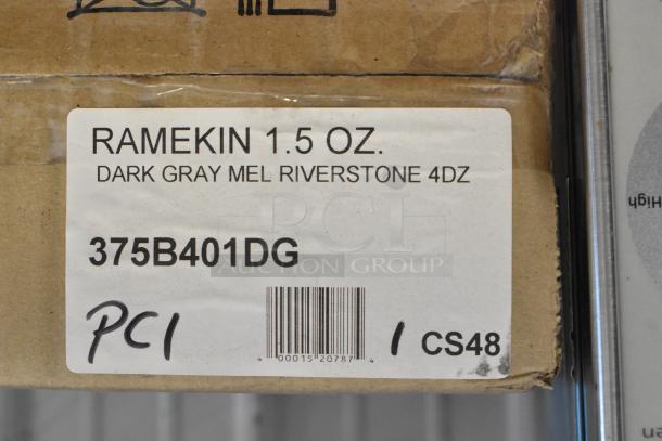 Label for GET Enterprises 1.5 oz. dark gray melamine ramekin, model 375B401DG. Indicating "Riverstone" style.