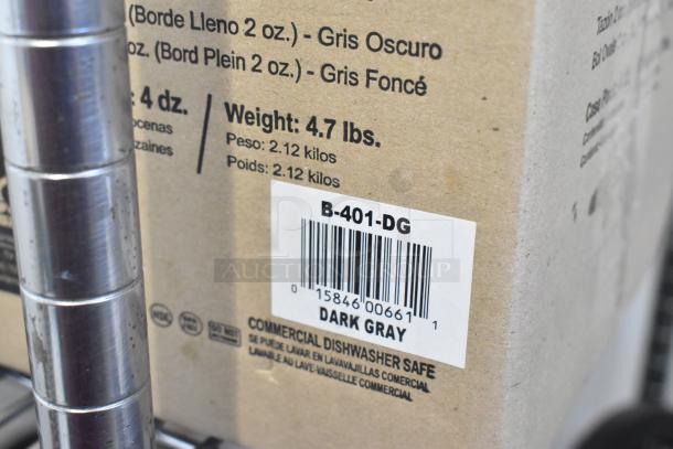 Box label of GET Enterprises B-401-DG Riverstone 1.5 oz. dark gray ramekin. Commercial dishwasher safe. Weight: 4.7 lbs.