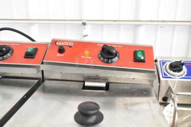 Avantco 177F202 stainless steel 2-bay electric fryer with control panel, temperature dials, and green power switch visible.