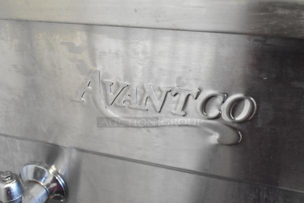 Avantco 177F202 logo on stainless steel surface of countertop electric 2-bay fryer. Scratch and dent condition.
