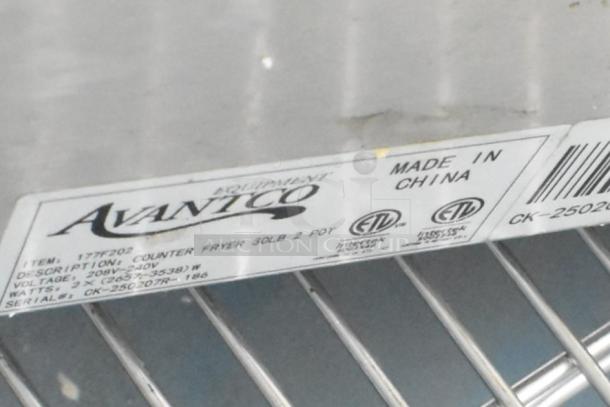 Avantco 177F202 label on stainless steel 2-bay fryer, 208-240V, brand new, scratch and dent condition, made in China.