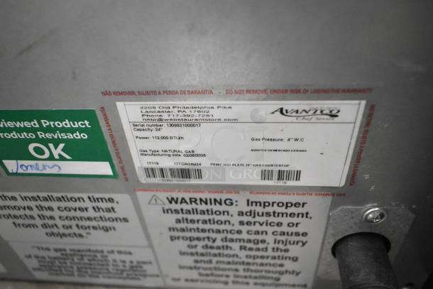 BRAND NEW Avantco 177CAGR424 Stainless Steel Charbroiler, natural gas, 112,000 BTU, scratch and dent condition, label shown.