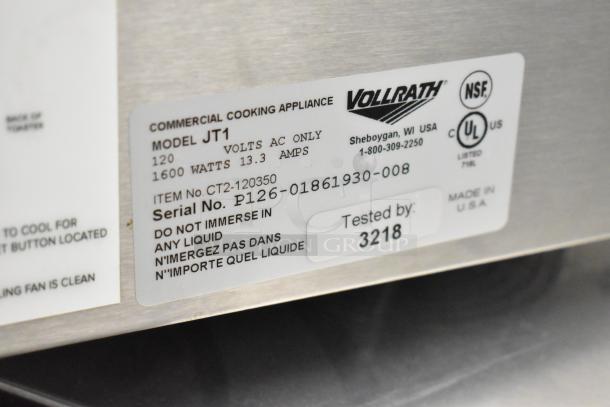 Vollrath JT1 stainless steel commercial toaster oven label, showing 120 volts, 1600 watts, NSF certified, serial P126-01861930-008.