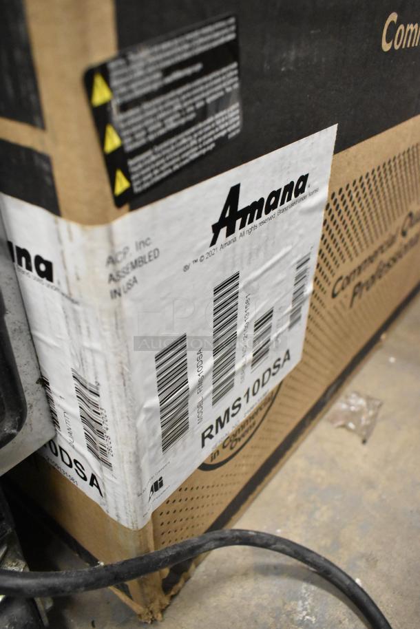 IN ORIGINAL BOX! 2021 Amana RMS10DSA Stainless Steel Commercial Microwave Oven, 120V, 1 Phase. Box shows model and brand.