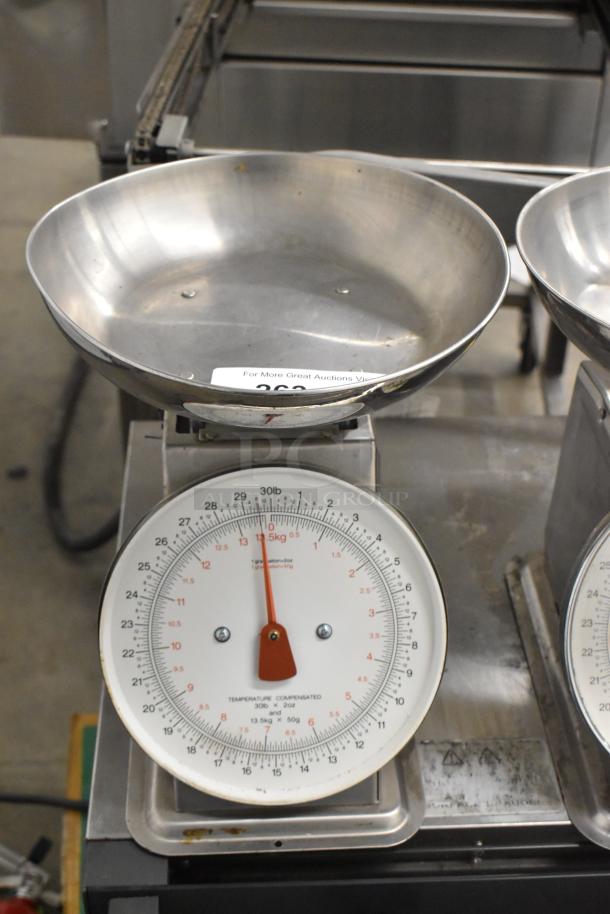 Yamato SM(N) metal countertop food portioning scale with stainless steel weighing pan, clear analog dial, in used condition.