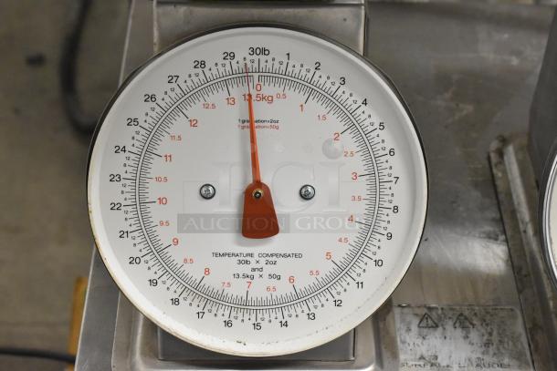 2 Yamato SM(N) metal countertop food portioning scales, 30 lb capacity, temperature compensated, clear dial markings.