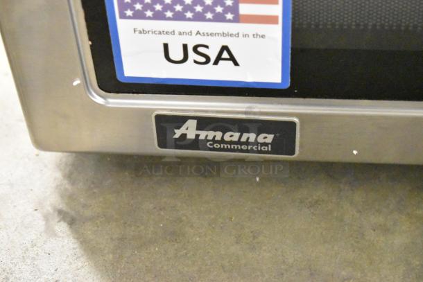 2021 Amana RCS10TS commercial microwave, stainless steel, original box, 120V, made in USA label visible.