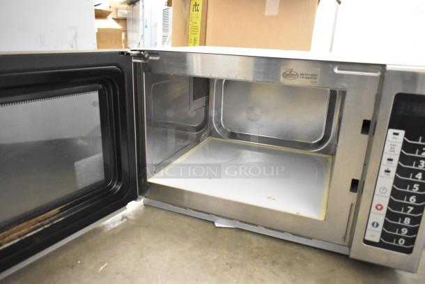 IN ORIGINAL BOX! 2021 Amana RCS10TS commercial microwave, stainless steel, 120 Volts, 1 Phase, keypad, interior view shown.