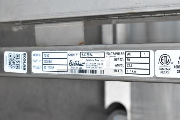 2017 Belshaw TG50 Thermoglazing Station label, 208V, 1 Phase, Model TG50, Part #22306W, Serial #S173874, stainless steel.