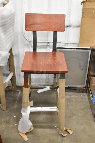 Backless bar stool with rustic mahogany finish, Lancaster Table & Seating, brand new, protective wrap still on legs.