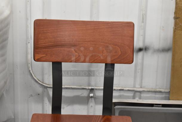 Lancaster Table & Seating industrial bar stool, backrest view, rustic mahogany finish, brand new, minor scratches and dents.
