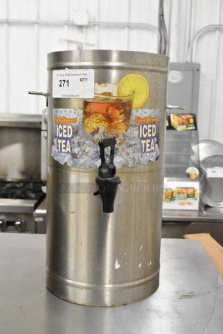 Bunn TDO stainless steel countertop beverage dispenser, visible iced tea graphic, spigot, auction label tagged, good condition.