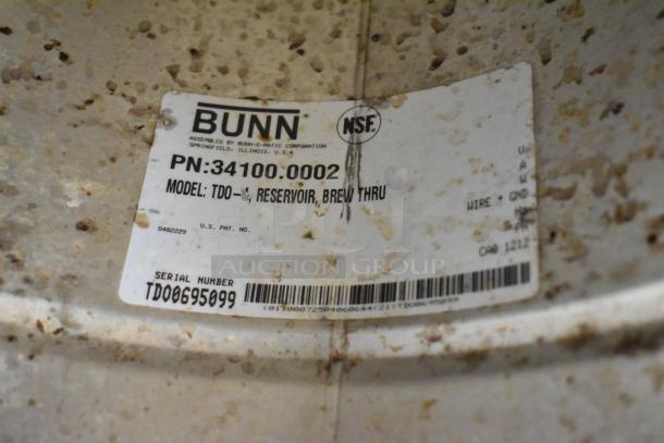 Bunn TDO Stainless Steel Beverage Dispenser; Model TDO, shows label with serial number TD00695099, NSF certified.