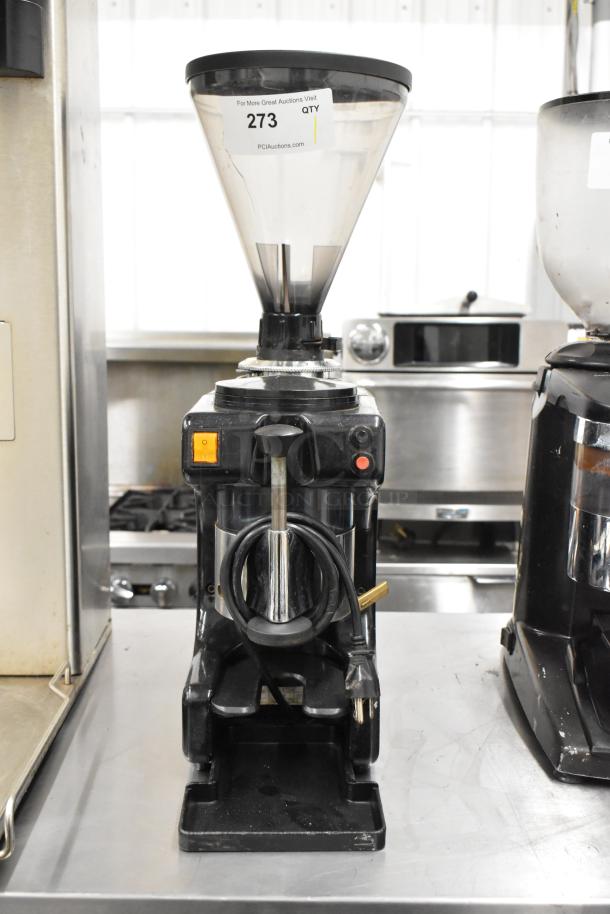 Bregani Metal Commercial Espresso Bean Grinder, 115V, 1 Phase, with clear hopper, black finish, and power switch.