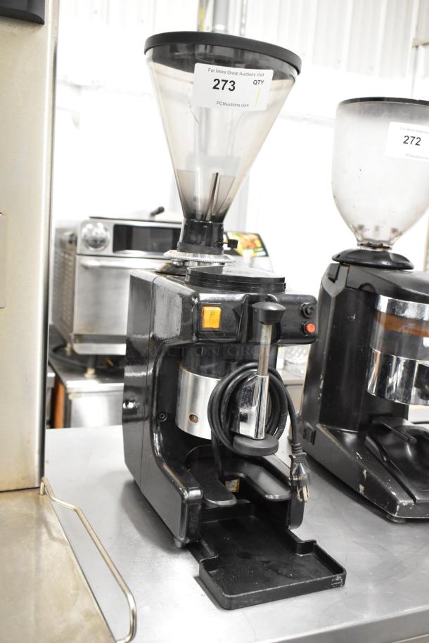 Bregani metal commercial countertop espresso bean grinder, 115 volts, 1 phase, black, with clear bean hopper, intact condition.