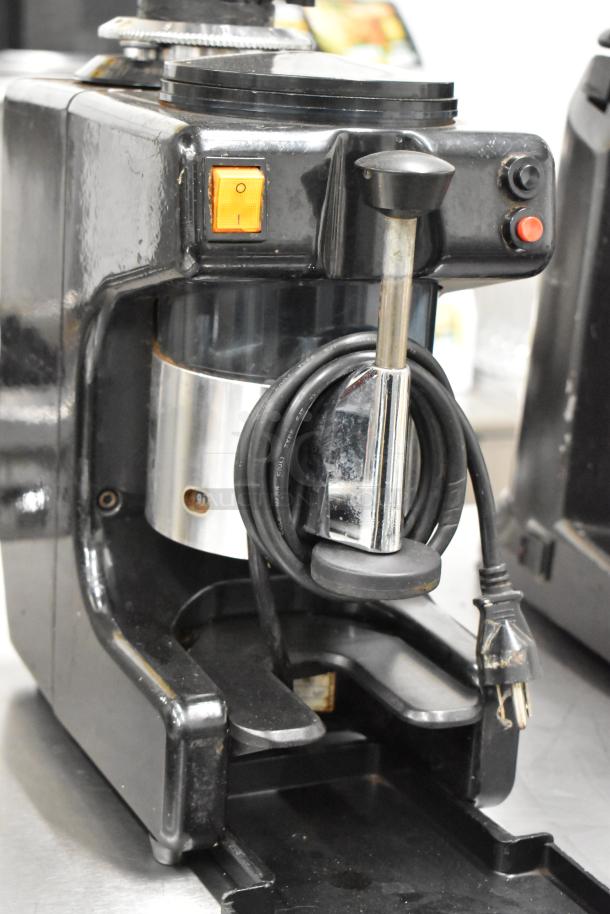 Bregani metal commercial countertop espresso bean grinder, 115 volts, 1 phase, black, visible power cord, good condition.