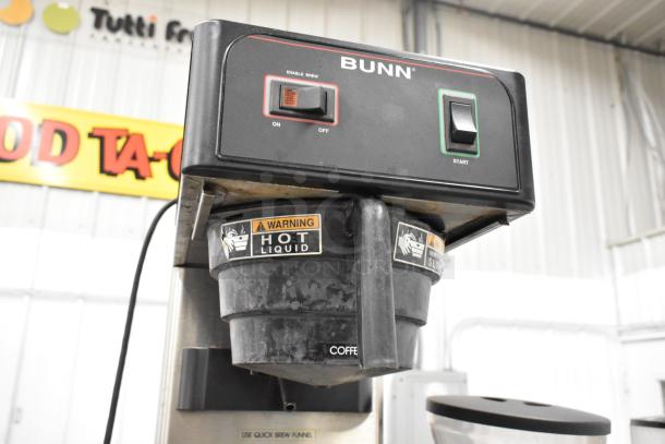 Bunn TB3Q/TD4T iced tea machine, stainless steel, 115V, 1 phase, with "HOT LIQUID" warning label.