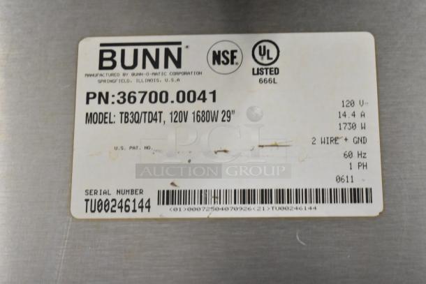 Bunn TB3Q/TD4T stainless steel iced tea machine label showing model, volts, amps, wattage, and serial number.