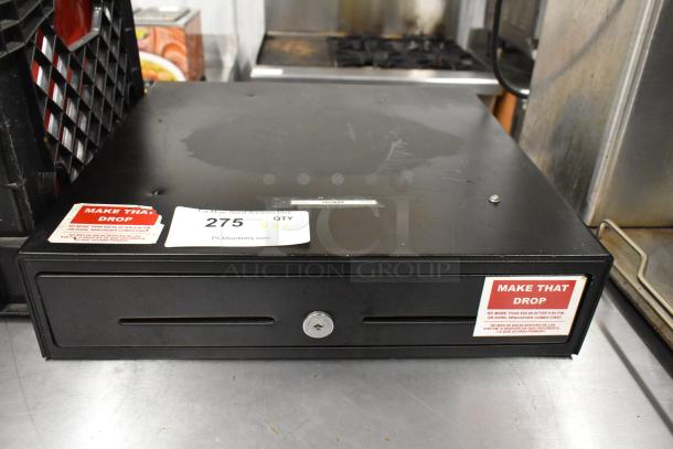 Revo Monitor with metal cash drawer, black, key lock, labeled “Make That Drop,” auction tag visible.