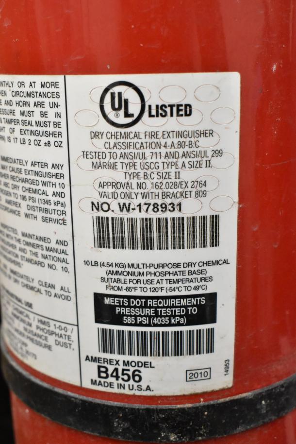 Amerex Model B456 fire extinguisher label, UL listed, 10 lb dry chemical, Type BC, made in USA, pressure tested to 585 PSI.