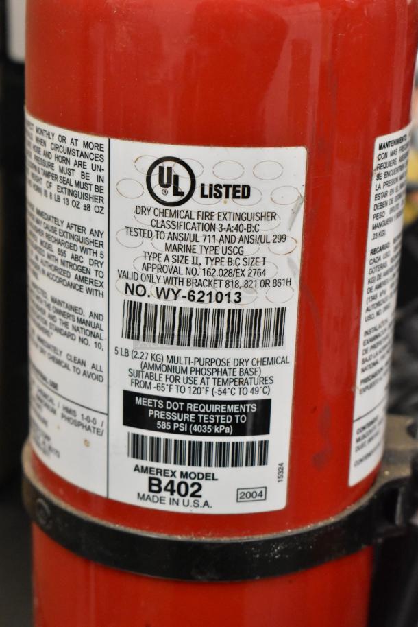 Amerex Model B402 fire extinguisher, 5 lb, multi-purpose dry chemical, UL listed, ANSI tested, 2004, made in USA.