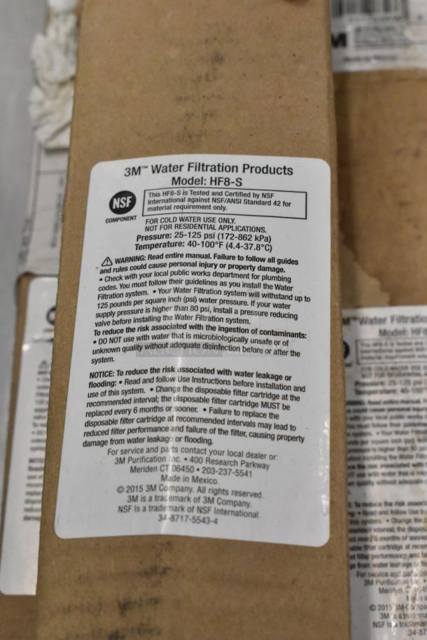 Package of 3M HF8-S Water Filtration Products with detailed label, new condition. Includes usage, pressure, and temperature info.