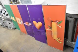 Set of 5 colorful panels depicting vegetables and music notes imagery, vibrant and modern design.
