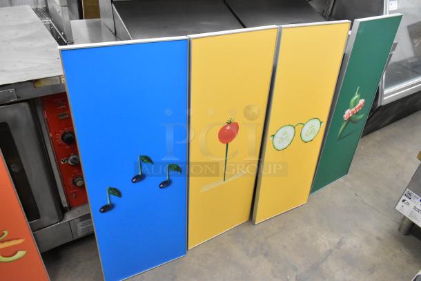 Nine decorative panels featuring vegetables and music notes, vibrant colors, modern style, excellent condition.