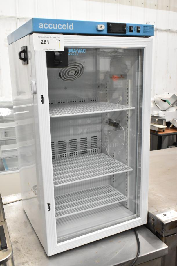 2019 Accucold ARG3PV mini cooler, glass door, metal shelves, 115 volts, 1 phase. Model label visible. Clean condition.
