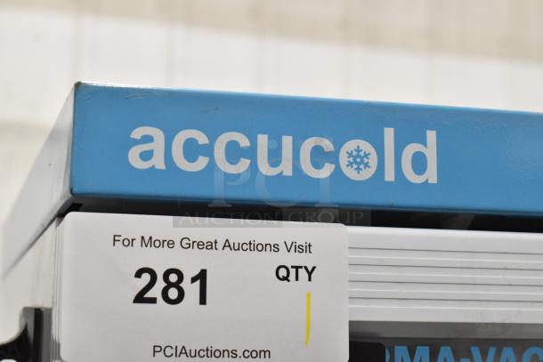 2019 Accucold ARG3PV mini cooler merchandiser, 115V, 1 Phase. Visible Accucold branding, auction tag #281.