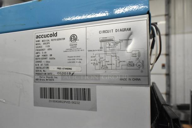 2019 Accucold ARG3PV Mini Cooler, 115V, 1 Phase. Label shows specs, circuit diagram, production date 052019.