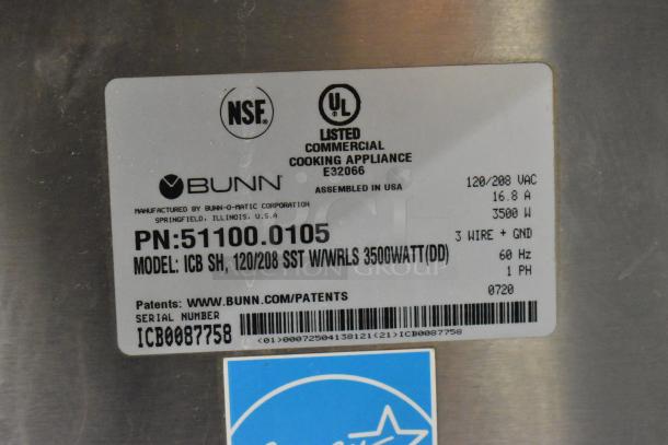 2020 Bunn ICB SH Stainless Steel Commercial Iced Tea Machine with Hot Water Dispenser. Model info label visible.