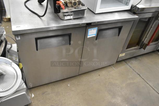 True TUC-48F-LP stainless steel undercounter freezer, 2-door, 115V, 1 phase, clean exterior, visible inspection sticker.