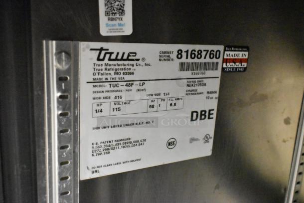 True TUC-48F-LP undercounter freezer label, 115V, 1 Phase, stainless steel, serial 8168760, made in USA.