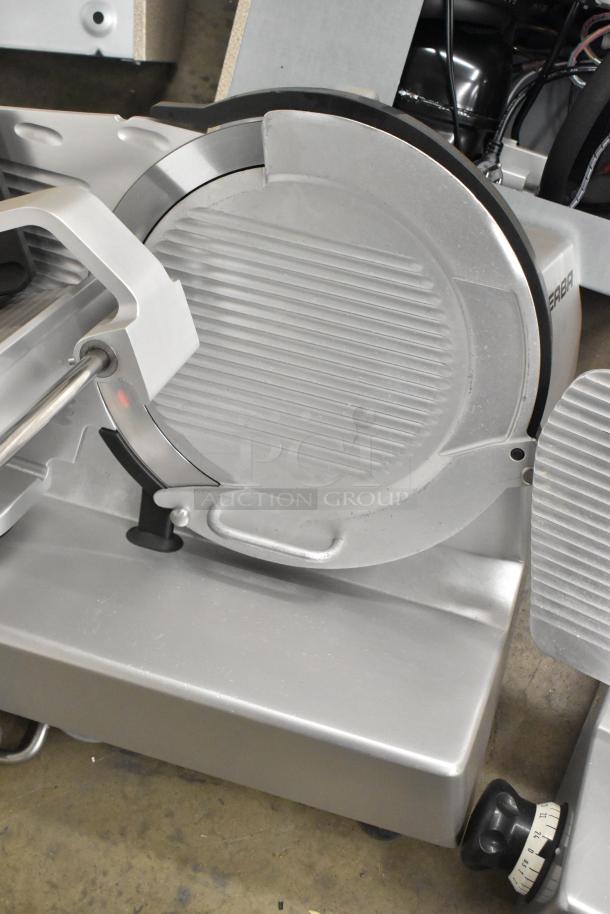 2017 Bizerba GSP H meat slicer, metal, commercial countertop model, 120V, 1 Phase. Features adjustable thickness knob.