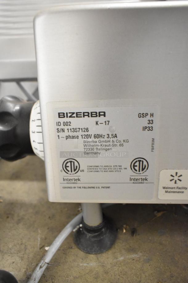 2017 Bizerba GSP H commercial meat slicer label, 120V, 1 phase, S/N 11357126, Intertek certified, used condition.