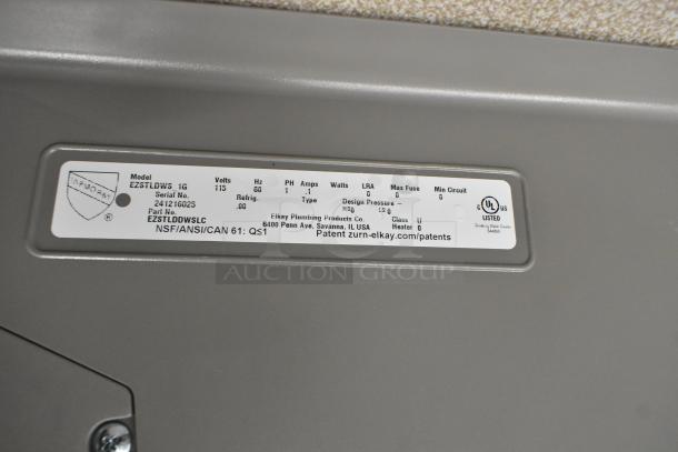 Elkay EZSTLDWS_1G stainless steel wall mount water fountain label detailing specs, 115V, 1 Phase, NSF/ANSI/CAN 61: QS1.