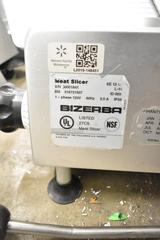 Bizerba SE 12 US commercial meat slicer, 120V, 1 phase; includes UL and NSF labels; visible serial and model numbers.