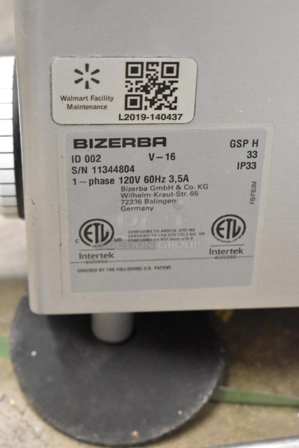 2016 Bizerba GSP H meat slicer, commercial countertop model; 120V, 1 phase; label shows serial and certification details.